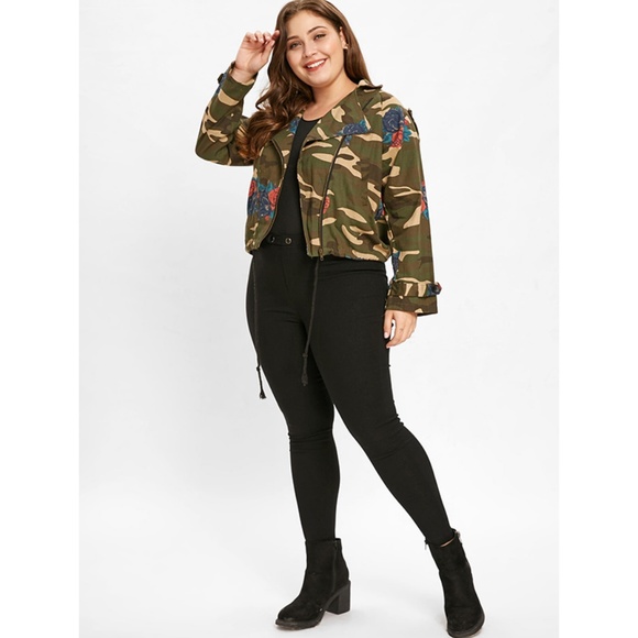 Plus Size Floral Print Camouflage Jacket - Picture 3 of 8